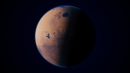 3d rendering of a Mars planet with city lights, lakes and atmosphere