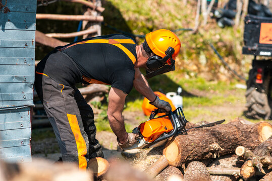 Man cutting wood with chainsaw at sawmill 
