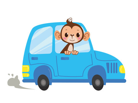 A monkey looks out of the window of a blue car as a driver. Vector illustration in cartoon childish style. Isolated funny clipart on a white background. Cute baby print transport