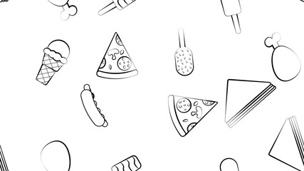 Black and white endless seamless pattern of food and snack items icons set for restaurant bar cafe: hot dog, sandwich, ice cream, chicken, pizza. The background