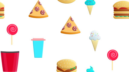 Endless white seamless pattern from a set of icons of delicious food and snacks items for a restaurant bar cafe: burger, popcorn, pizza, ice cream, coffee, candy. The background