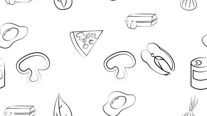 Black and white endless seamless pattern of food and snack items icons set for restaurant bar cafe: egg, mushroom, fish, canned food, onion, pizza, greens. The background