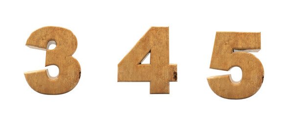 Wooden alphabet. Letters in 3D Render wood. Numbers 3, 4, 5