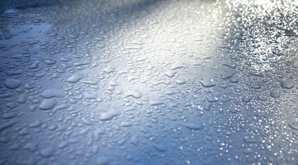 Small round dewdrops on the silver metal surface of the car