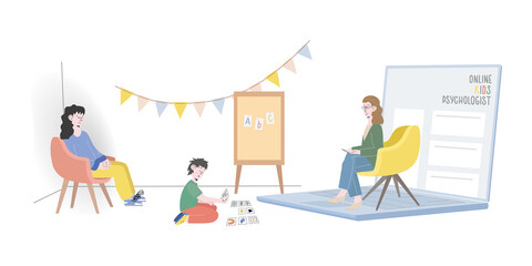 Online psychological counseling with kids concept. Psychologist and small boy with mother are having video call using modern technology laptop