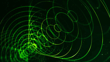 abstract sci-fi background with glow particles form curved lines, surfaces, hologram structures or virtual digital space. Green motion design background of microworld or cosmic space. Rings