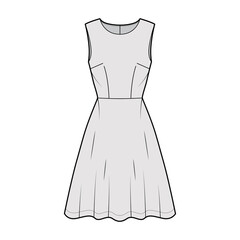 Dress flared skater technical fashion illustration with sleeveless, fitted body, knee length semi-circular skirt. Flat apparel front, grey color style. Women, men unisex CAD mockup