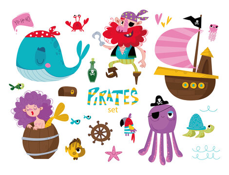 Pirate graphics set. Pirate, ship, mermaid, whale and other decorative elements. Vector illustration in cartoon children s style. Isolated funny clipart on a white background. Cute print for boys