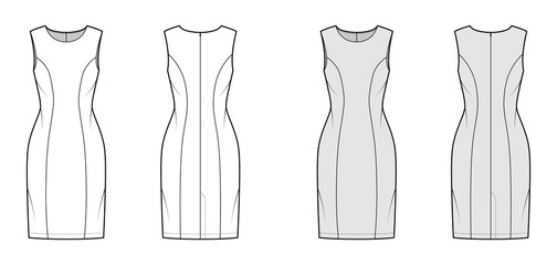 Dress princess line technical fashion illustration with sleeveless, fitted body, knee length pencil skirt. Flat apparel front, back, white, grey color style. Women, men unisex CAD mockup