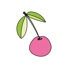 Vector illustration of cherry or sweet cherry in doodle style. Hand drawn icon and symbol for print on baby clothes, sticker, textile design. Doodle design elements. 