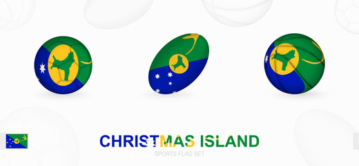Sports icons for football, rugby and basketball with the flag of Christmas Island.