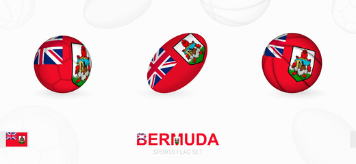 Sports icons for football, rugby and basketball with the flag of Bermuda.