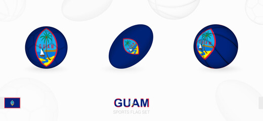 Sports icons for football, rugby and basketball with the flag of Guam.