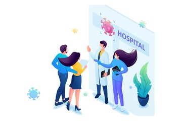 Isometric 3D. Doctors Check The Body Temperature Of Patients At The Entrance To The Hospital. Web Design