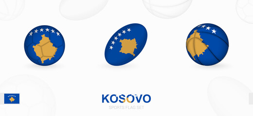 Sports icons for football, rugby and basketball with the flag of Kosovo.