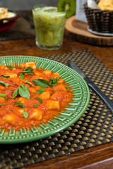 Italian Dinner Dish Cheese Tomato Sauceand Drink Gin Pasta Basil Spinach Caipirinha Close Up High Resolution