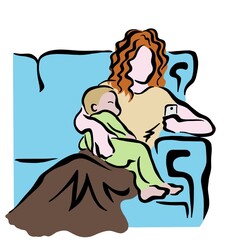 Mujer con su hijo bebé en brazos mirando el móvil