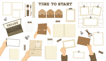 Set of paper and other mockups. Vector isolated illustrations of postcards, hands, envelopes, laptop, notebook, mobile phone, mood board, frames on the wall, pen, pencil, scissors. Top view