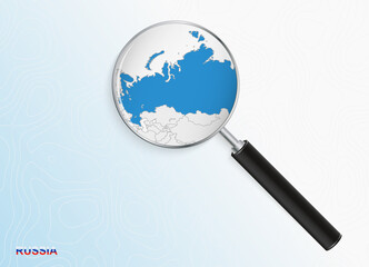 Magnifier with map of Russia on abstract topographic background.