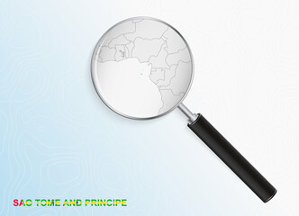 Magnifier with map of Sao Tome and Principe on abstract topographic background.