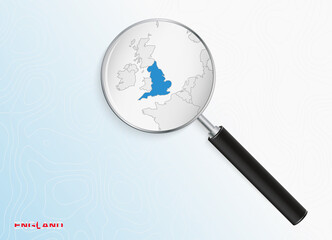 Magnifier with map of England on abstract topographic background.