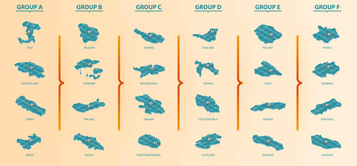 Set of Isometric map with soccer field. Maps of Football competition sorted by group.