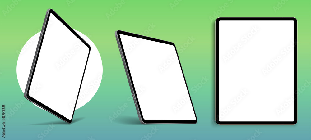 Poster blank screen realistic tablet frame, rotated position, side view, top view. the tablet is at differe