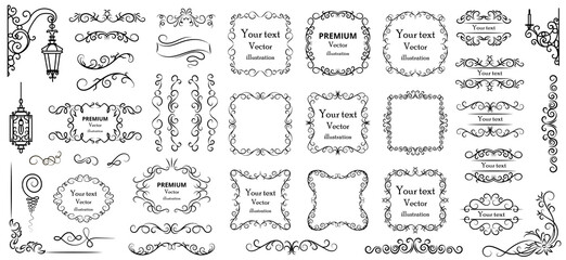 Obraz na płótnie Canvas Calligraphic design elements . Decorative swirls or scrolls, vintage frames , flourishes, labels and dividers. Retro vector illustration