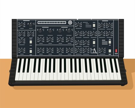 Soviet analog synthesizer, vector illustration. Monophonic machine. Legendary ancient rare musical instrument. Warm bold sound. Electronic music theme. A picture to be applied to a T-shirt.