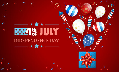 Independence Day Red Background with Fireworks and Balloons