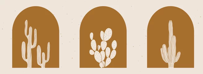 Foto op Canvas Vector set of linear boho desert plants icons and symbols, Cactus logo design templates,  hand drawn elements for decoration in modern minimalist style for social media posts. © Yanzar