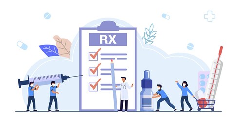 RX medical prescription drug vector illustration concept Medicine prescription with medicines Prescription form Doctor writes signature in recipe Disease therapy pills Painkiller drugs Pharmacy contro