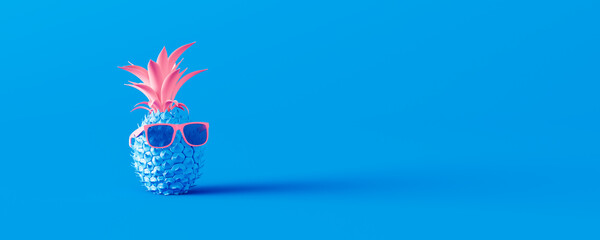 Pineapple with sunglasses. Summer holiday concept on blue background 3d render 3d illustration