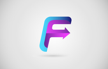 F arrow alphabet letter logo for business and company in blue and pink color. Corporate brading and lettering icon with gradient design
