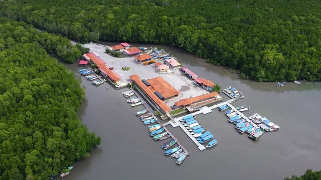 Aerial drone view of Kubang Badak jetty complex in mangrove park Langkawi 