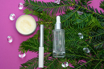 face care cosmetics, decorative glass stones and a sprig of juicy greenery on a purple background