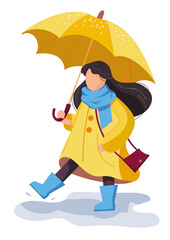 Happy cute girl with umbrella in yellow raincoat and rubber boots walks through the puddles. Cute carton positive character. Vector illustration