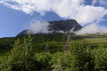 Scenic view of mountains and trees at Glacier National Park in Montana on a sunny day