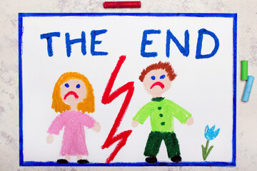 Colorful drawing:  End of a relationship and two sad people, woman and man and word THE END. Break up or divorce.