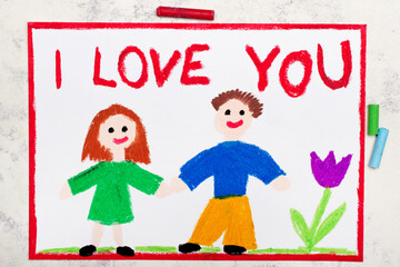 Fototapeta na wymiar Colorful drawing: couple in love and inscription I LOVE YOU. Happy relationship..