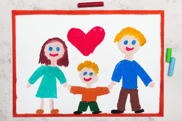 Colorful drawing:  Happy smiling family. Mother, father and their son. - 439952179