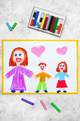 Colorful drawing: Mothers day card. Smiling family with mother and her two kids: daughter and son. Single parenting.