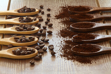Coffee beans and ground coffee in wooden  spoons on brown background