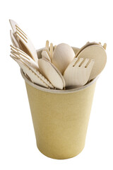 Fototapeta na wymiar Wooden cutlery in a paper cup. Disposable accessories used in fast food restaurants.