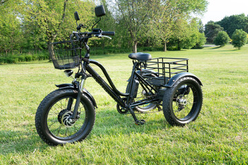 Front wheel side of the electric bicycle, view in sunny summer day in the  green grass. E bike...