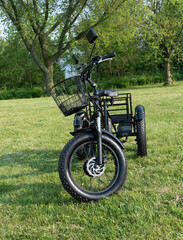 Fototapeta na wymiar Front wheel side of the electric bicycle, view in sunny summer day in the green grass. E bike motor with battery. Ecology and green energy concept. Ev – electric vehicle.