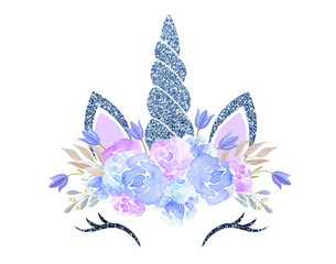 Fabulous cute unicorn with glittering blue horn and watercolor roses flowers, bluebells wreath isolated on white background © Marisha