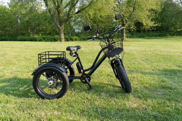 Electric trike or e bicycle in the park in sunny summer day. Shot from the side. A lot of lighting....
