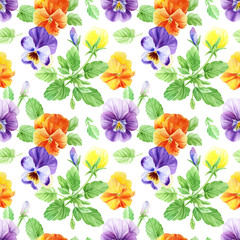 Watercolor seamless pattern with summer flowers. Endless floral illustration with colorful pansies, leaves, buds on white background.