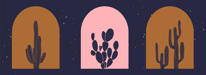 Vector set of linear boho desert plants icons and symbols,  Cactus logo design templates,  hand drawn elements for decoration in modern minimalist style for social media posts. © Yanzar